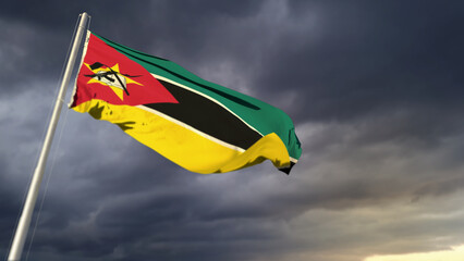 nice Mozambique flag on heavy dark clouds bg - abstract 3D rendering