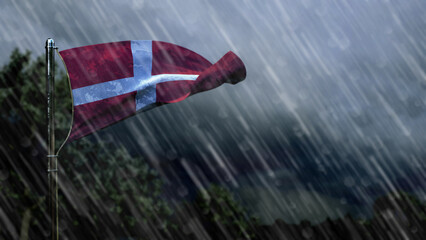 flag of Denmark with rain and dark clouds, windstorm forecast symbol - nature 3D illustration