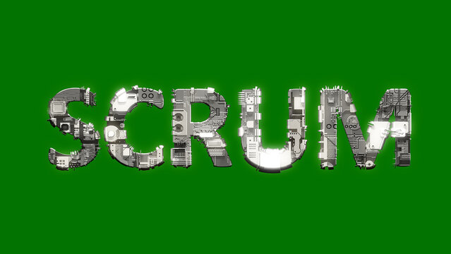 industrial style cybernetical text SCRUM on green screen backdrop, isolated - object 3D rendering