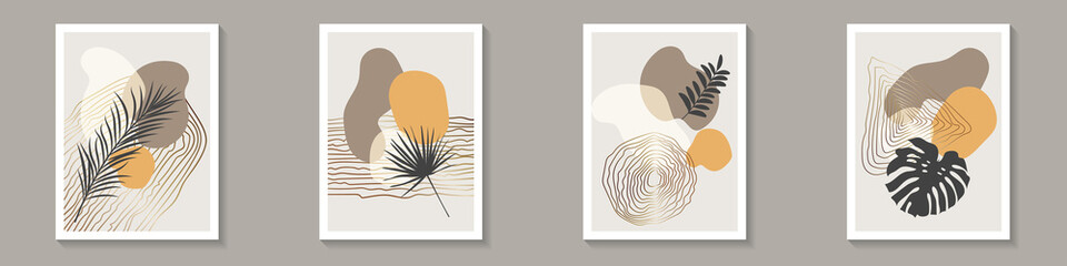 Botanical abstract arts set. Summer tropical banners. Black tropic plant leaves with abstract shapes. Works for wall framed prints, posters, home decor, covers. Vector illustrations.