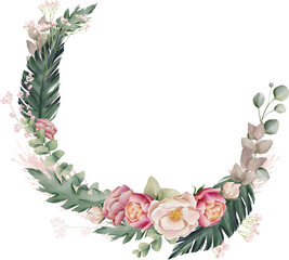 tropical floral bouquet composition flower leaves foliage blossom pink green blush round wreath