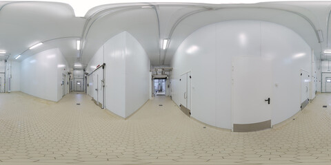 Seamless full spherical 360 degree panorama in equirectangular projection of abstract clean white industrial building corridor