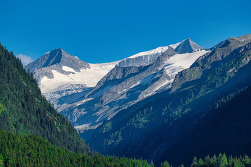 View on Grossvenediger right and Kleinvenediger left, Hohe Tauern National Park, Alps, Austria