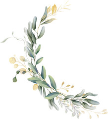 watercolor floral illustration foliage wreath greenery herbs round frame natural gold green stationery wedding romance delicate silky