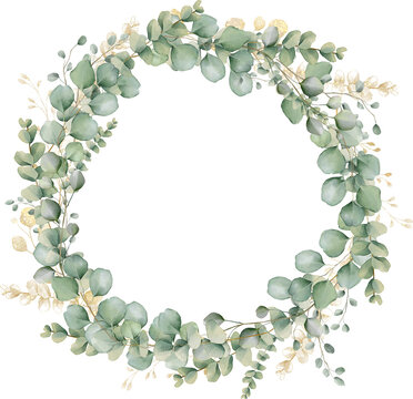 watercolor floral illustration foliage wreath greenery herbs round frame natural gold green stationery wedding romance delicate silky