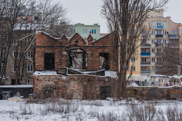 Ruins of former factory of safes and lockboxes in North Prague area of Warsaw, Poland