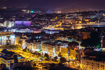 Evening aerial view from Nossa Senhora do Monte viewing point on Martim Moniz square in Lisbon city, Portugal