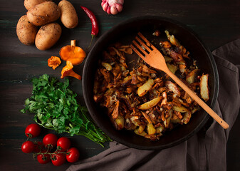 Fried chanterelles with mushrooms, in a clay pan, close-up, top view, selective focus,