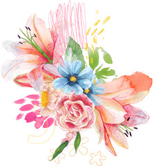 Obraz premium colorful floral rose daisy blue pink crayon abstract elements lily leaf bouquet
