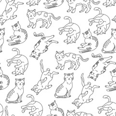 Seamless pattern with cats in doodle style. Hand drawn vector illustration on white background. Great for fabrics, wallpapers, wrapping papers, coloring books. Black outline.