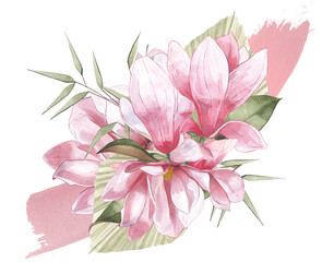 pink magnolia flower blossom bouquet composition leaves bamboo watercolor paint strokes