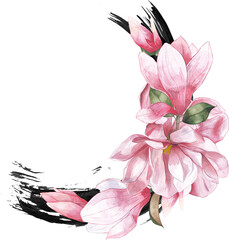 pink magnolia flower blossom bouquet composition leaves bamboo watercolor dragonfly ink wreath paint brush stroke