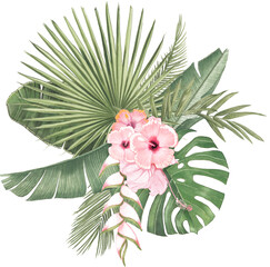 tropical palm floral leaf green hawaii beach monstera banana palm leaves pink hibiskus bouquet © January Bloom