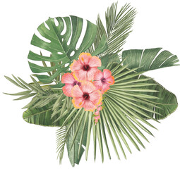 tropical palm floral leaf green hawaii beach monstera banana palm leaves pink hibiskus bouquet © January Bloom