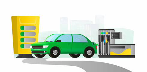 Vector Illustration with gas station, car and a scoreboard, city background with skyscrapers. The concept of rising gasoline prices, cost. Web design, banners, etc.