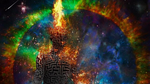 Flaming meditation. Man in lotus pose