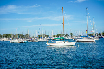 Fototapeta premium Sailboats docked in the harbor of Lake Michigan as seen from Chicago, Illinois. 