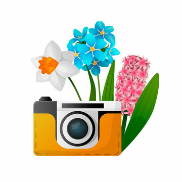 Vector isolated illustration with spring flowers bouquet with vintage, retro camera. Concept of the time of spring, romance, Valentine s Day, holiday, jewelry, accessories.