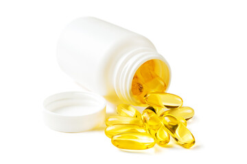 Omega 3 fish oil supplement softgel capsules in bottle, isolated on white background mockup. Health...