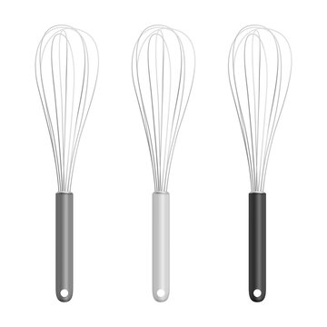 Vector Realistic 3D Metal Wire Steel Whisk with Grey, White, Black Handle Set Isolated. Cooking Utensil, Egg Beater, Culinary Air Whisk for Mixing and Whipping. Design Template, Mockup for Bakery