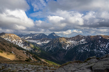 Afternoon view of the Slovak Tatras from the ridge trail to Kasprowy peak.