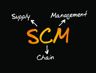 SCM Supply Chain Management - management of the flow of goods and services, between businesses and locations, acronym text concept background