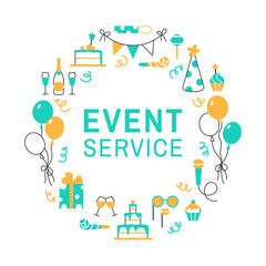 Event service flat line circle frame with text space on white background. Birthday holiday concept for card poster flyer design. Festive hat balloons cake cupcake present champagne vector illustration
