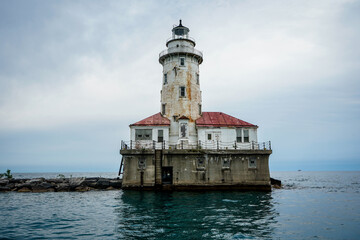 Fototapeta na wymiar Chicago Harbor Lighthouse located on Lake Michigan. Chicago, Illinois.