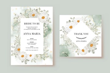 bridal shower invitation template with daisy white and greenery leaves watercolor