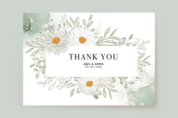 Fototapeta na wymiar Thank you card template with daisy white and greenery leaves watercolor