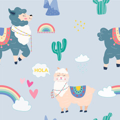 Cute Lamas with funny quotes. Funny hand drawn characters. Vector illustration on light background. Pretty pattern babys illustration fr our brand.