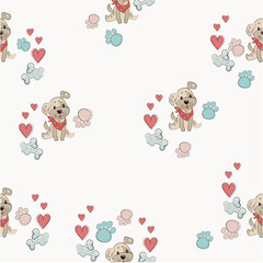 A beautiful pattern on a light background with a dog, footprints of paws, heart. Pretty Illustration for your design in a children's theme.