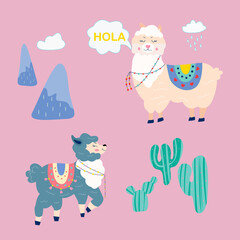 Obraz na płótnie Canvas Cute Lamas with funny quotes. Funny hand drawn characters. Vector illustration on light background. Pretty pattern babys illustration fr our brand.