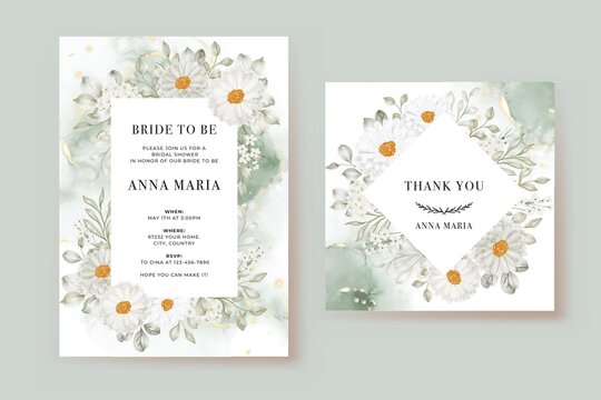 bridal shower invitation template with daisy white and greenery leaves watercolor
