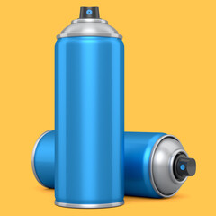 Cans of spray paint isolated on yellow background. Spray bottle and dispenser