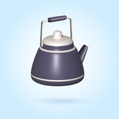 Metal teapot with a lid, a handle and a spout on a blue background, 3D illustration.