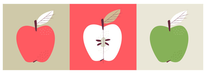 Green and red apple. Apple cut in half. Flat design illustration, fruit icon, refreshing, illustration isolated on colored background. Vector, beautiful, fun image.