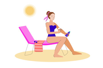 Beautiful woman on the beach applying sunscreen on her skin. Illustration of prevent sunburn.