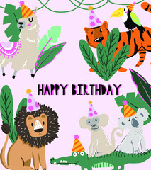 Naklejka premium Birthday cards with cute animals. Funny jungle party. Vector illustration.