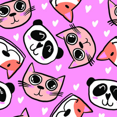 Seamless pattern with cute heads panda, cat and dog. Background for textile, fabric, stationery, kids, girl, Web and other 
