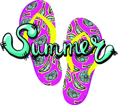 Print with Nautical flip flops with fruits pattern and lettering summer . Print for textile, fabric, stationery, kids, t-shirt, poster, summer wear, swimming wear, Web and other.