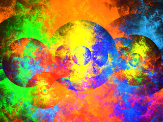 Obraz na płótnie Canvas Composición de arte abstracto digital consistente en formas circulares coloridas solapadas sobre fondo negro en un conjunto que simula ser la alineación de satélites en un evento cósmico.