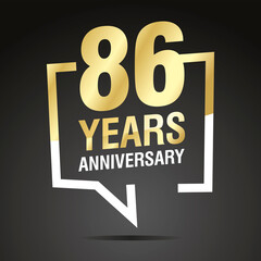 86 Years Anniversary celebrating, gold white speech bubble, logo, icon on black background