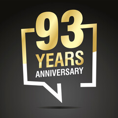93 Years Anniversary celebrating, gold white speech bubble, logo, icon on black background