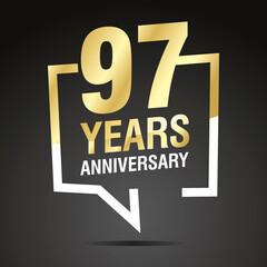 97 Years Anniversary celebrating, gold white speech bubble, logo, icon on black background