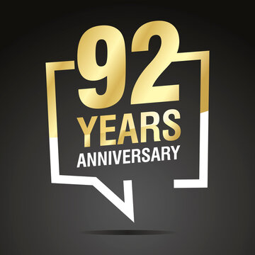 92 Years Anniversary celebrating, gold white speech bubble, logo, icon on black background