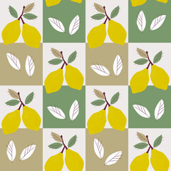 Sicilian lemons seamless pattern of citrus in squares, culinary fabric print. Refreshing fruit, vector illustration for background, wrapping paper and kitchen. Healthy food, vitamin c. Surface design