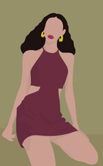 Vector flat image of a girl with dark hair sitting. young girl in a burgundy summer mini dress. Design for postcards, avatars, posters, backgrounds, templates, textiles.
