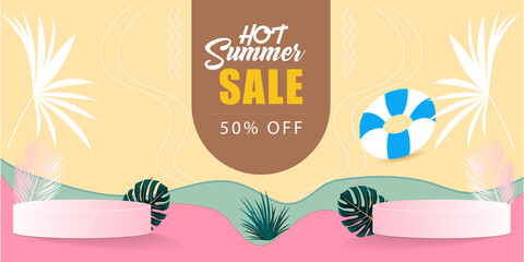 Hello summer holiday beach vacation theme horizontal banner. Hi Summer vacation traveling poster. Colorful tropical sea beach illustration, Hot Summer sale Template
