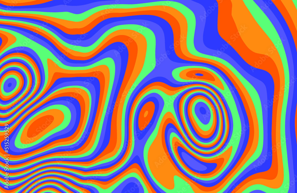 Poster retro 1960s-style wallpaper design in a psychedelic trippy mood. ebru like marbling pattern.